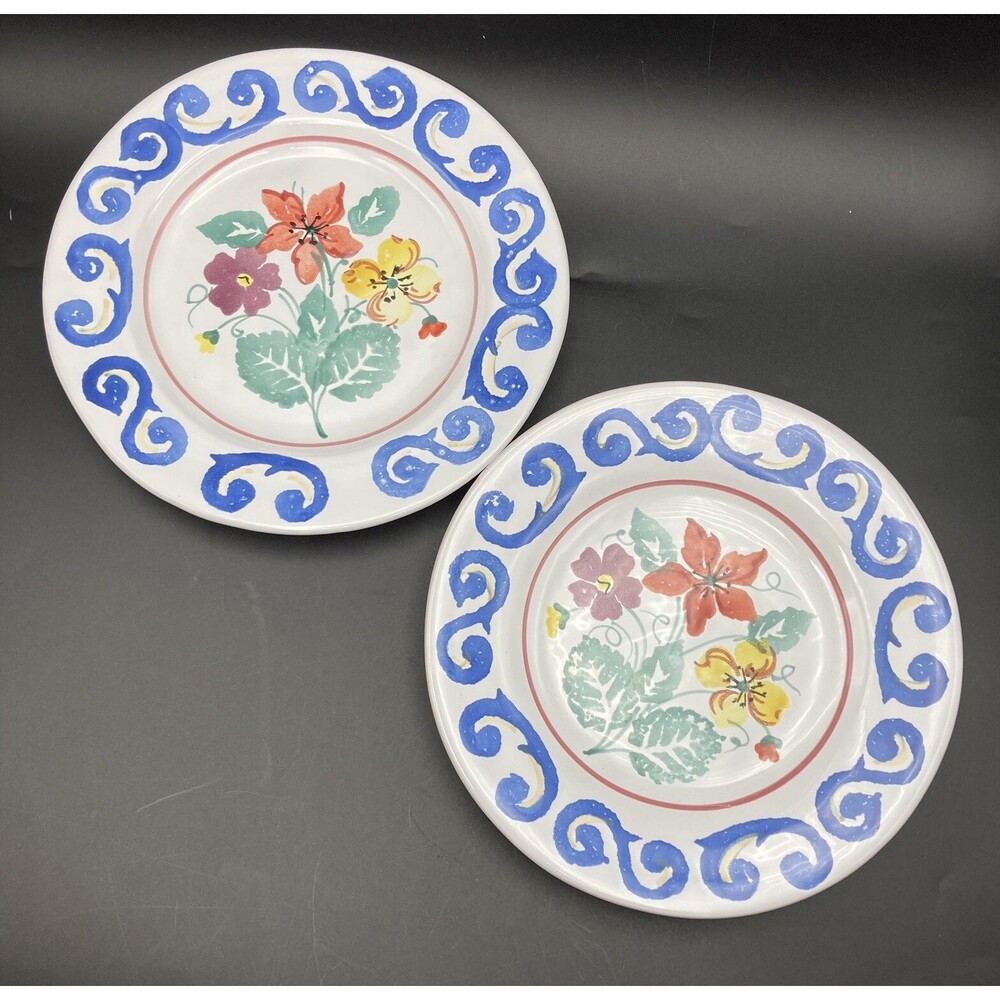 2 Set Ashley Williams Firenze Italy Hand Painted Floral Salad Plates 8 3/4"